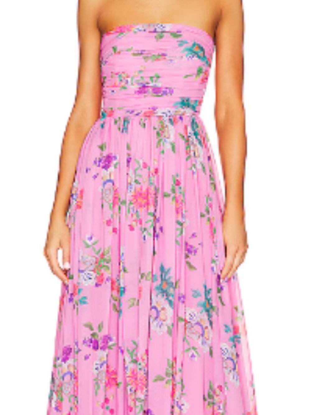 SAU LEE Camille Strapless Floral Chiffon Maxi Gown Dress Size 0 Pink Green Multi
